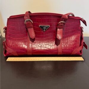 Prada Red Croc-Embossed Shoulder Bag